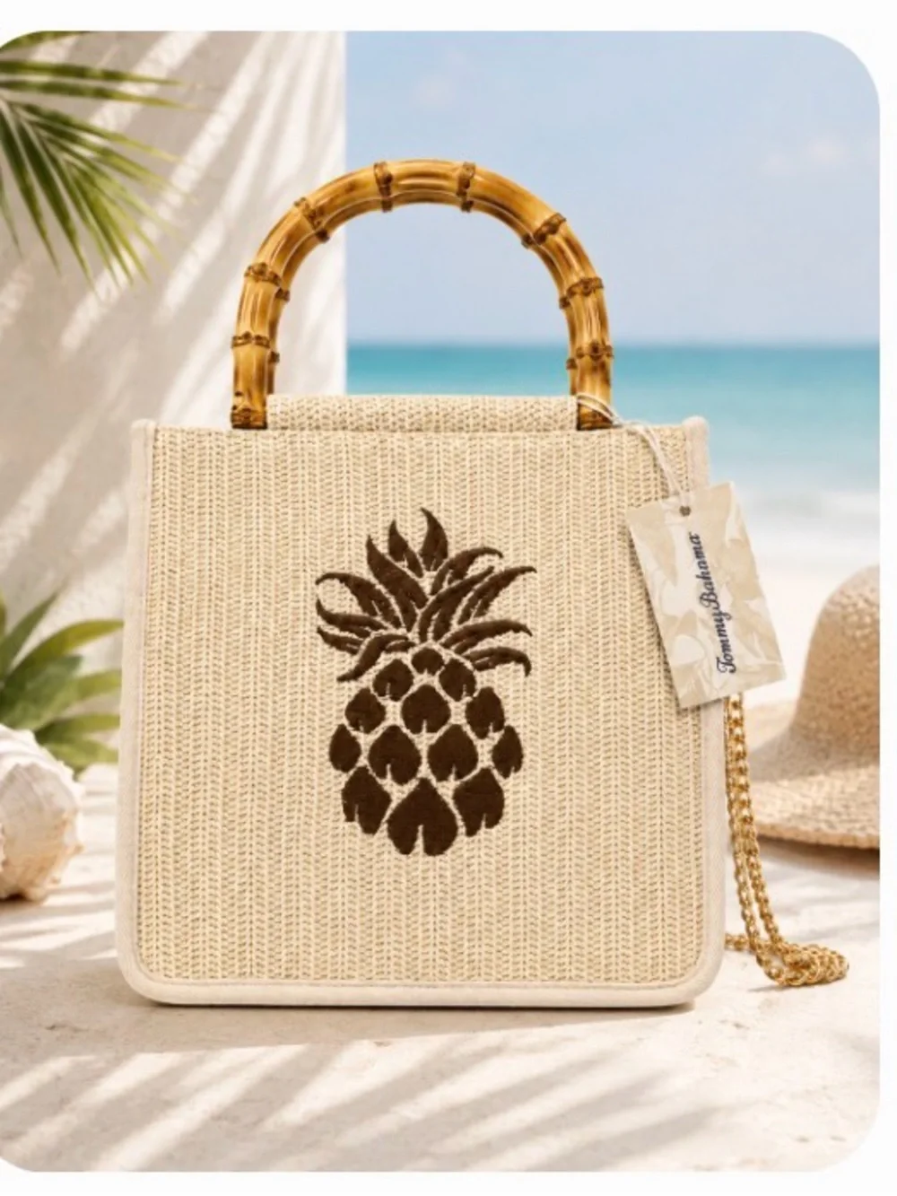 Tommy Bahama Pineapple Straw Bag Bamboo Handle Crossbody NWT